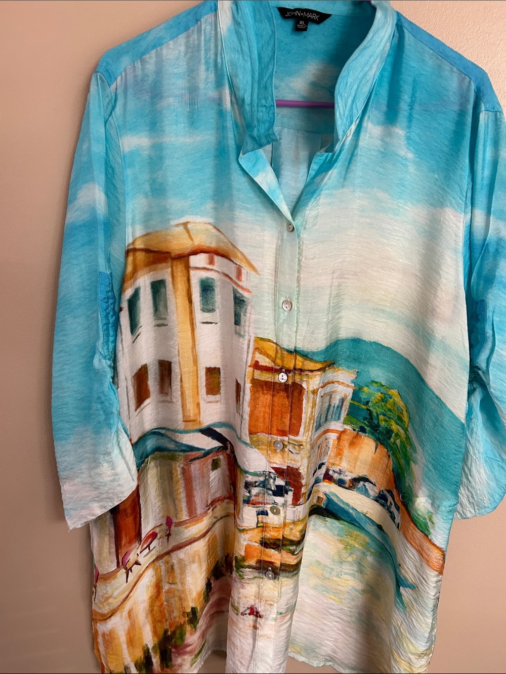 John Mark Turquoise & Multi Seaside Watercolor Button-Up Shirt
